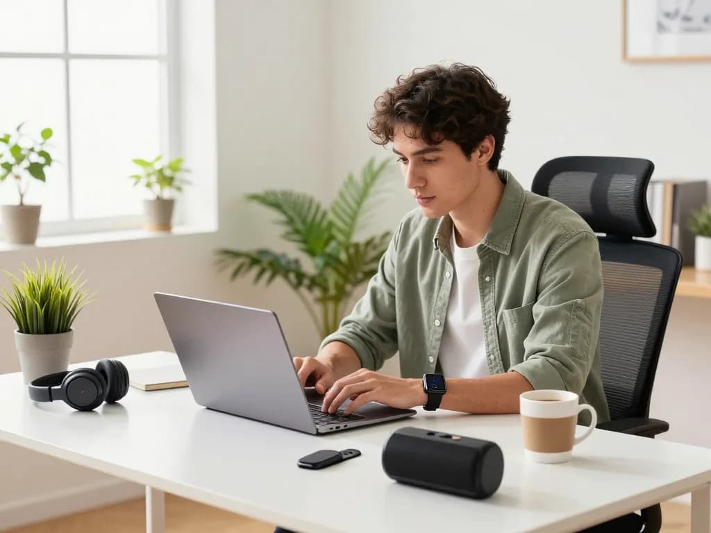 Engaging tech workspace with best tech gadgets for men, showcasing Bluetooth devices, a focused young man in casual attire at a modern desk.