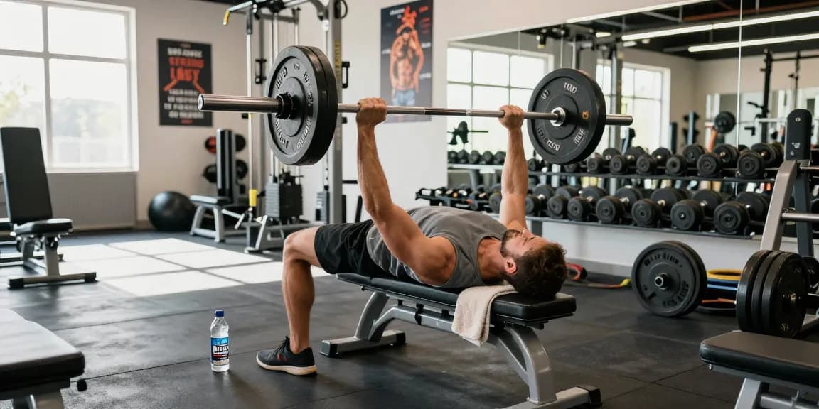 Prime Pharma Steroiden showcased in fitness gym with bodybuilder performing bench press exercise.