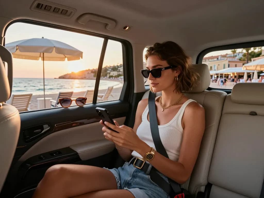 Taxi Saint-Tropez avec un voyageur dans une voiture luxueuse, mettant en avant une tenue de plage chic et des vues côtières pittoresques.