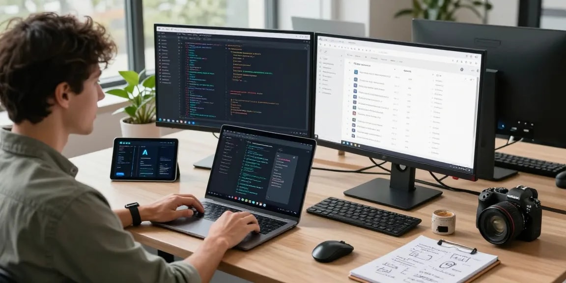 Build internal tools with AI in a modern workspace showcasing a developer's dynamic productivity.