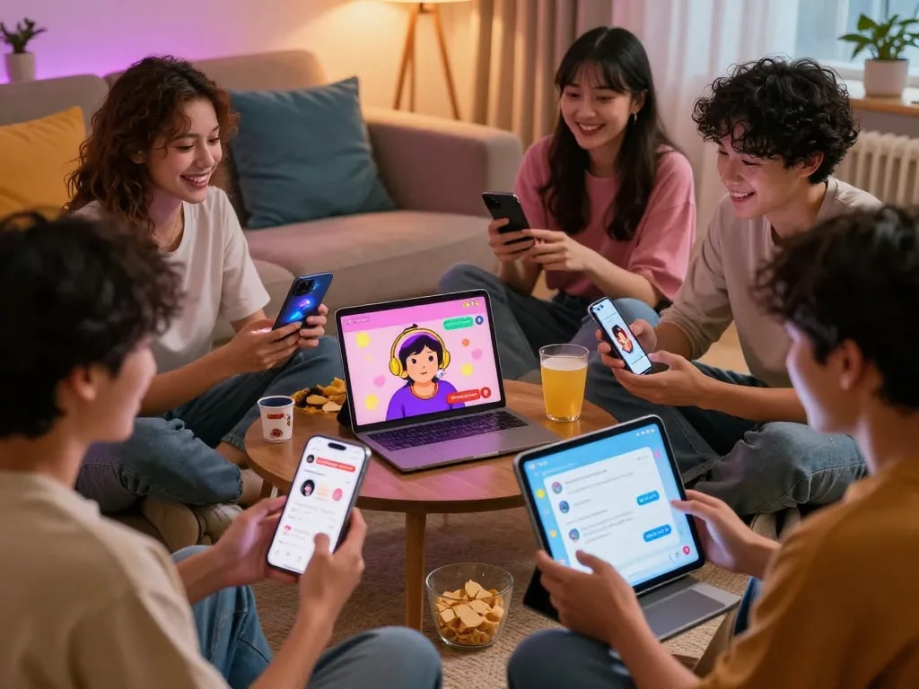 Young adults enjoying 18+ ai interactions in a cozy, vibrant setting