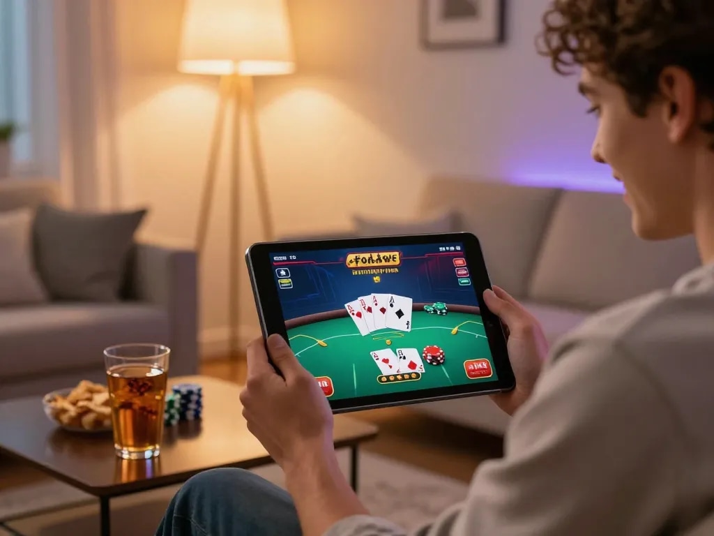 Engaging player using tablet for Vin88 đăng nhập and enjoying an online poker game with a cozy setting.