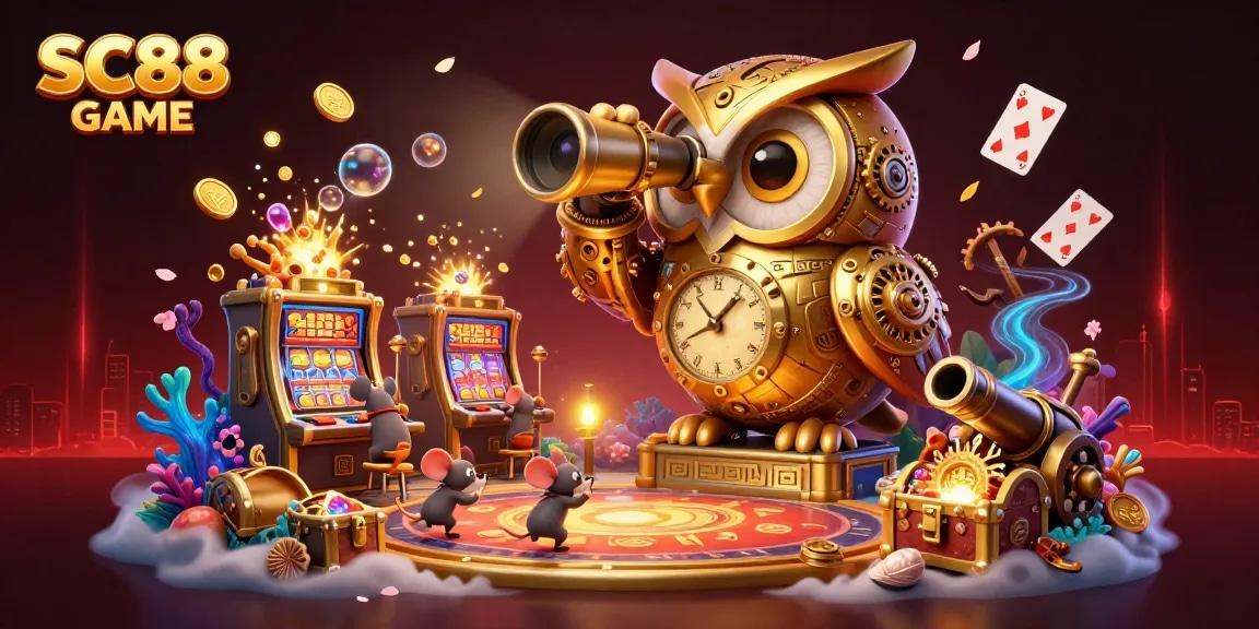 Experience the exciting SC88 GAME with vibrant casino imagery, featuring a golden owl and action-packed elements.