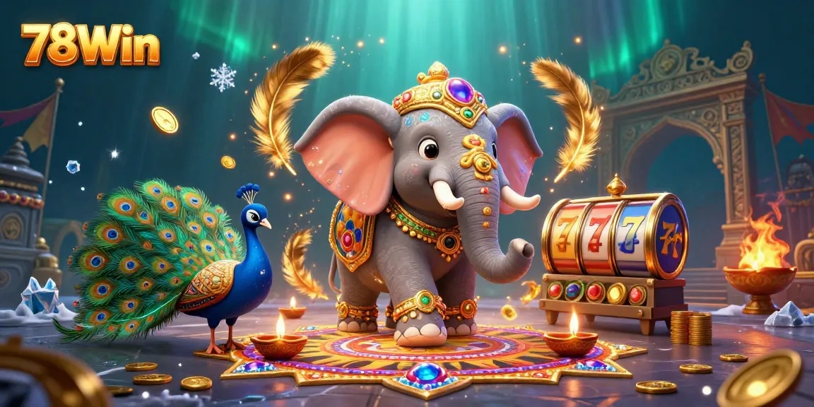 Engage with 78Win's vibrant gaming world featuring a colorful elephant and peacock amidst golden tokens and slot reels.