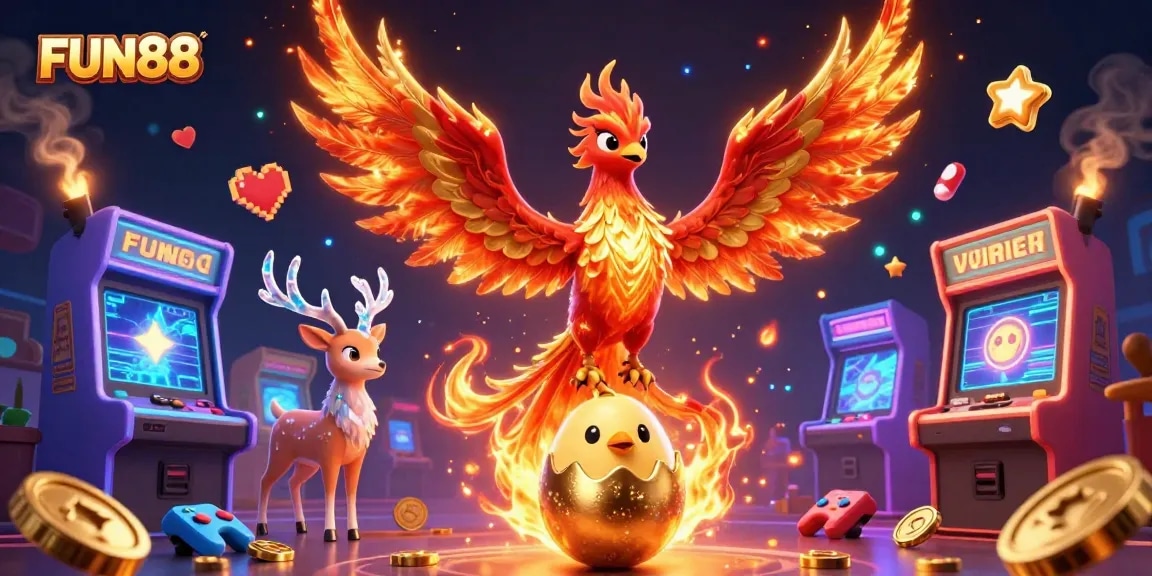 Experience winning moments at FUN88 with this vibrant phoenix and casino-themed illustration.