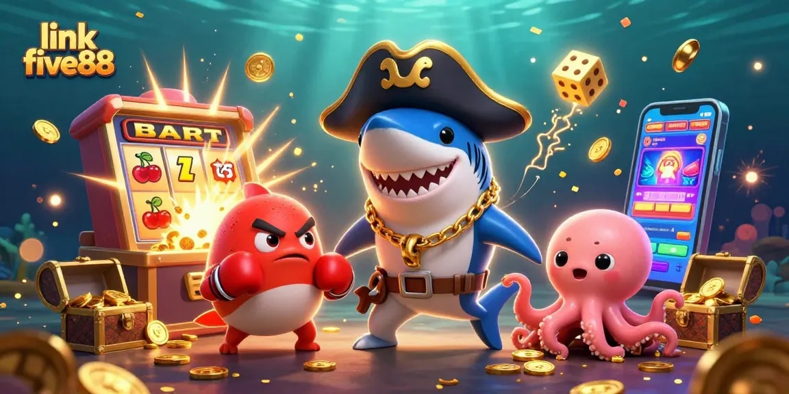 Engage with link five88's exciting slots featuring a cartoon shark, pufferfish, and octopus in an underwater casino.