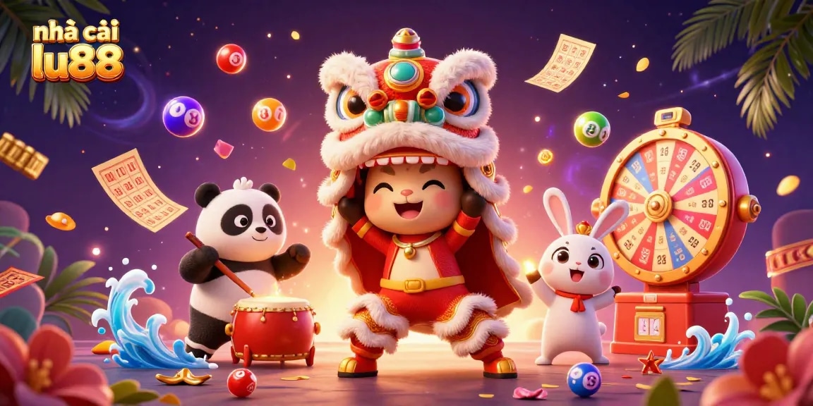 Experience thrilling excitement at nhà cái lu88 with a vibrant scene of a lion dance and lottery fun.