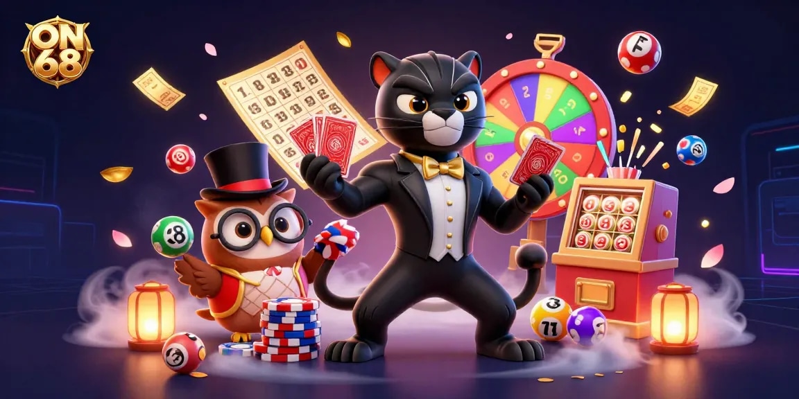 ON 68 reveals winning strategies in an engaging 3D casino illustration with vibrant characters.