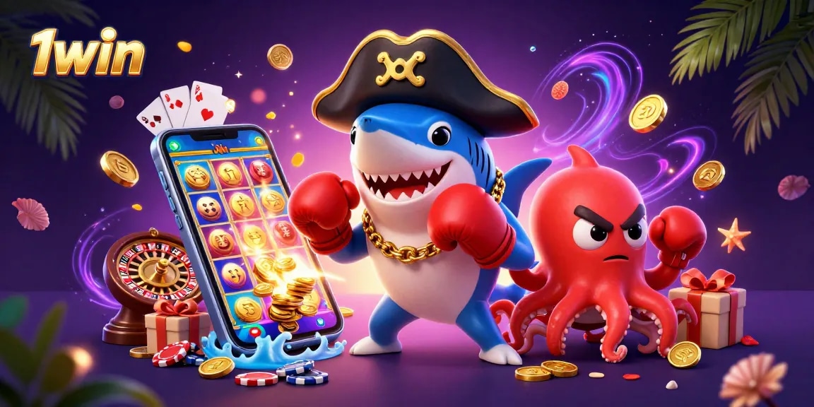 Win big at 1win with animated casino characters and rich gaming elements in a vibrant scene.