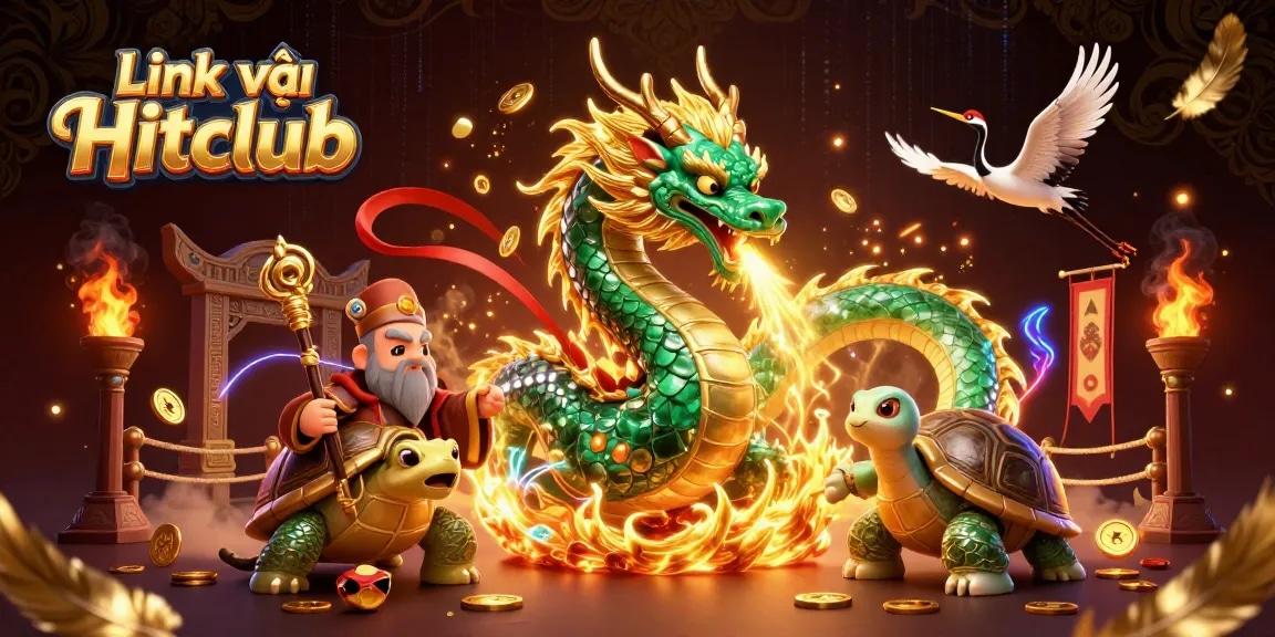 Experience gaming thrills with Link vào Hitclub, featuring a majestic jade dragon and lucky symbols of fortune.