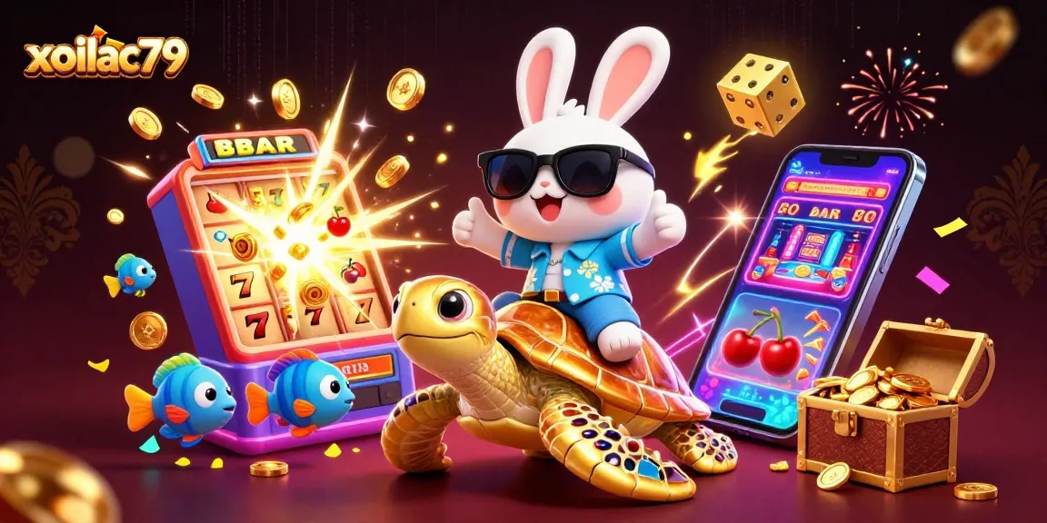 Experience the excitement of xoilac79 with vibrant casino elements and a lucky rabbit guiding the way.