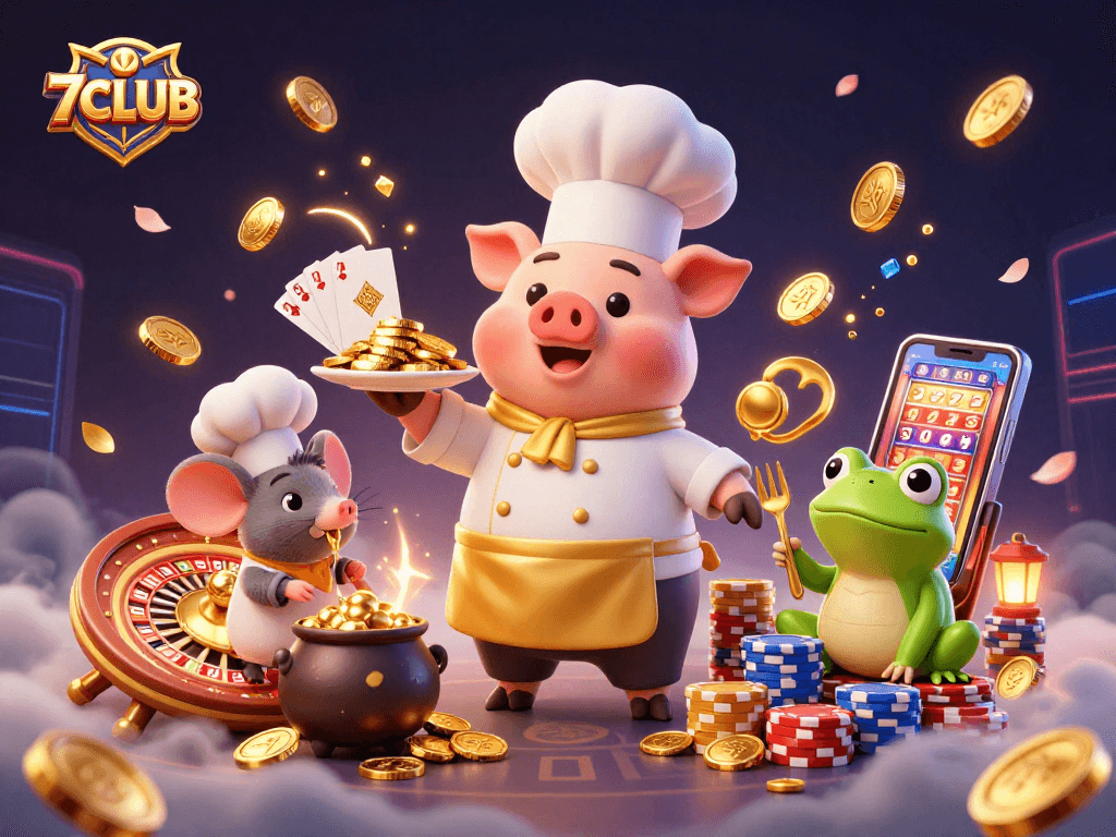 Experience 7CLUB's vibrant casino excitement with golden coins and 3D characters in action.
