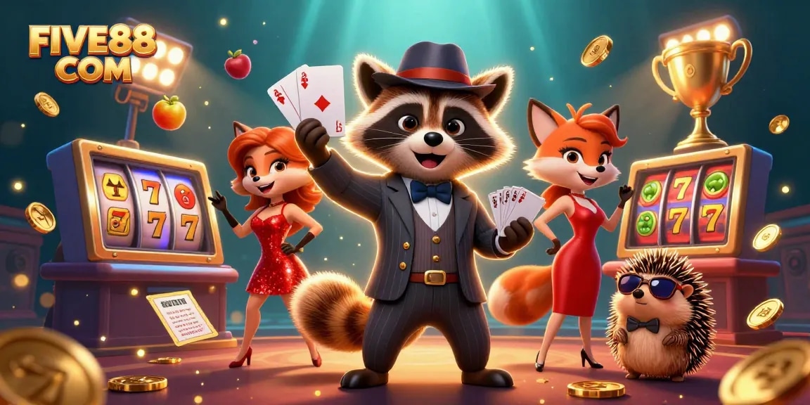 Engage with FIVE88 COM as raccoon, fox, and hedgehog animate an exciting slot game showdown.