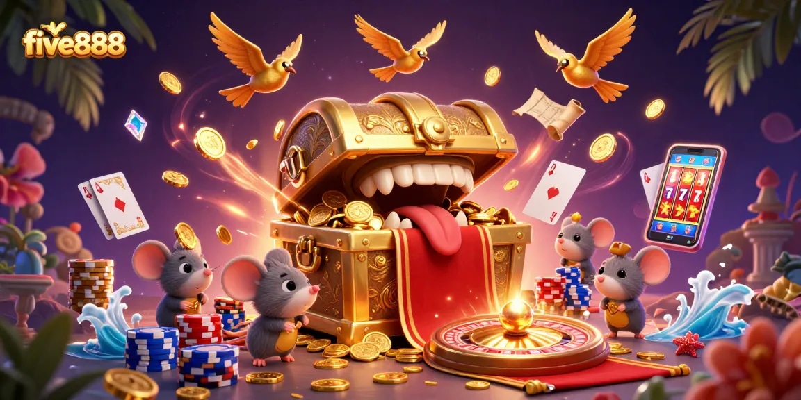 Experience the excitement of winning at five888 with a vibrant 3D casino illustration featuring treasure chests, coins, and game elements.