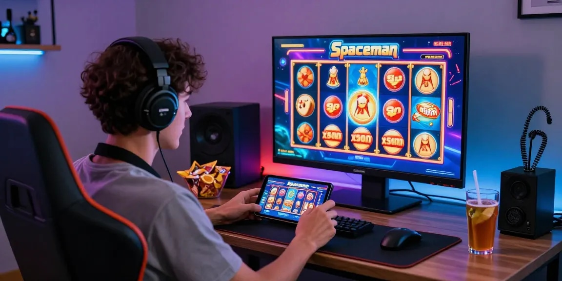 Pengguna kangtoto menikmati permainan slot Spaceman dengan perangkat modern, suasana bermain yang energik dan menarik.