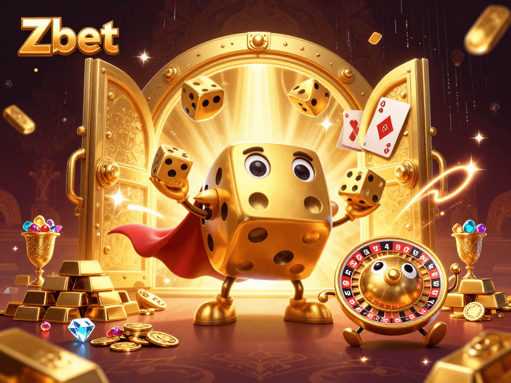 Zbet's animated golden dice golem juggles while surrounded by treasure, enhancing casino excitement.