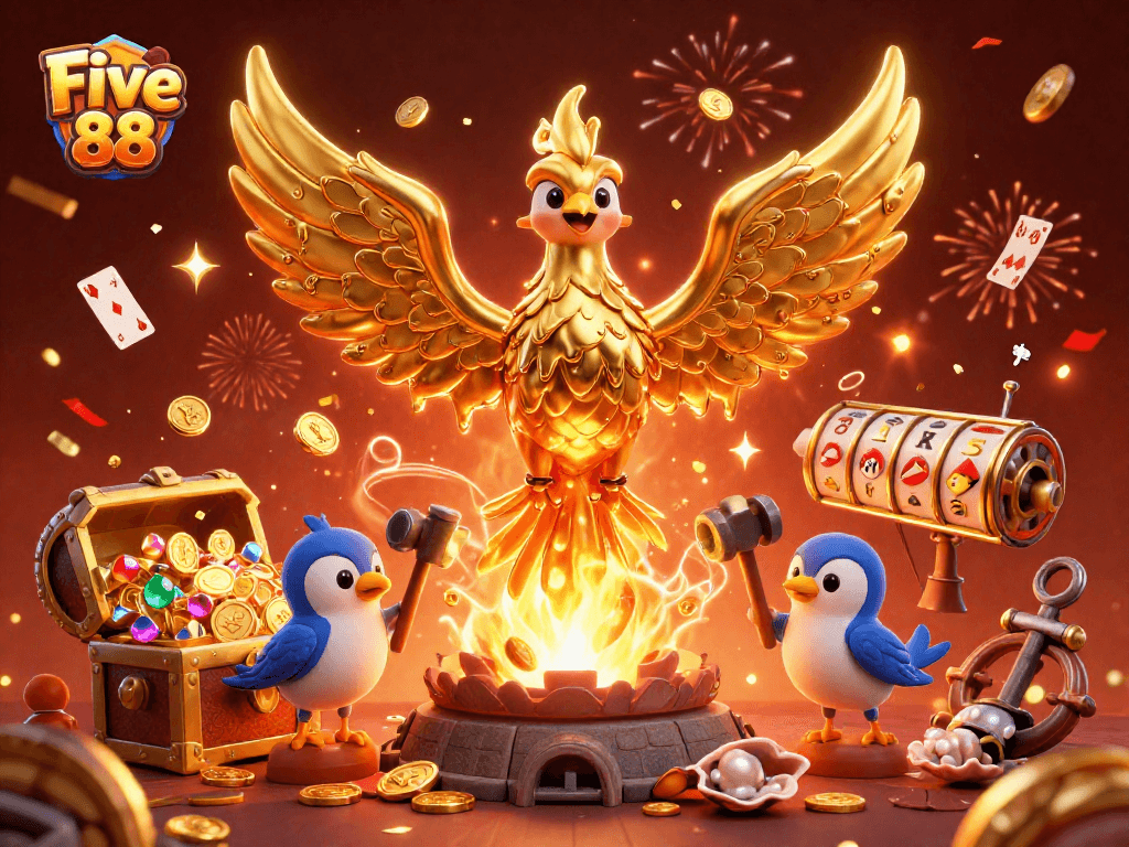 Experience the vibrant world of Five 88 with golden phoenix and rich casino elements bursting with excitement.