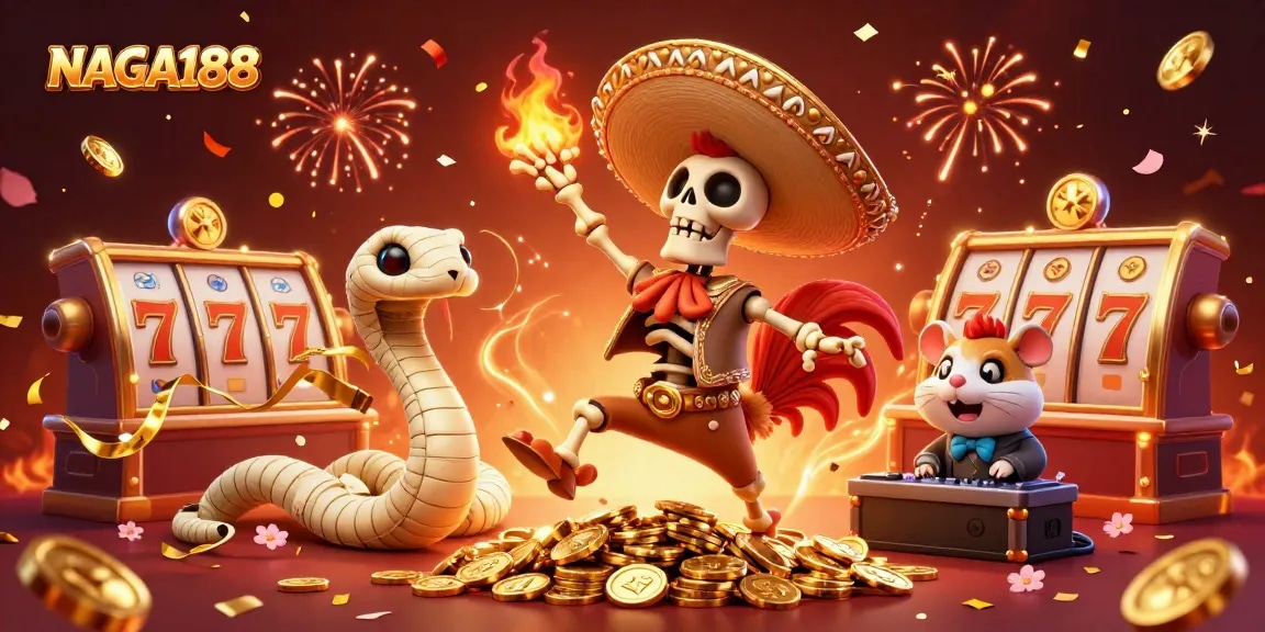 NAGA188 menang dengan banyak simbol slot, koin emas, dan karakter meriah di ilustrasi kasino.
