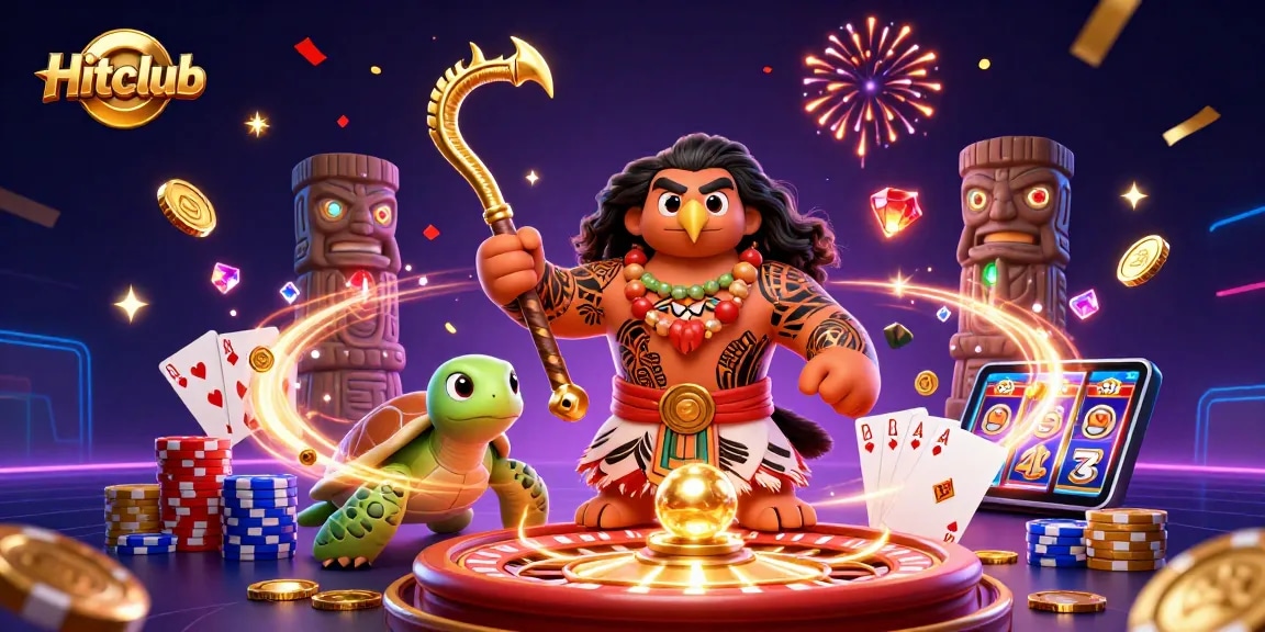 Hitclub features a colorful scene with a demigod hawk and turtle celebrating wins with casino elements.