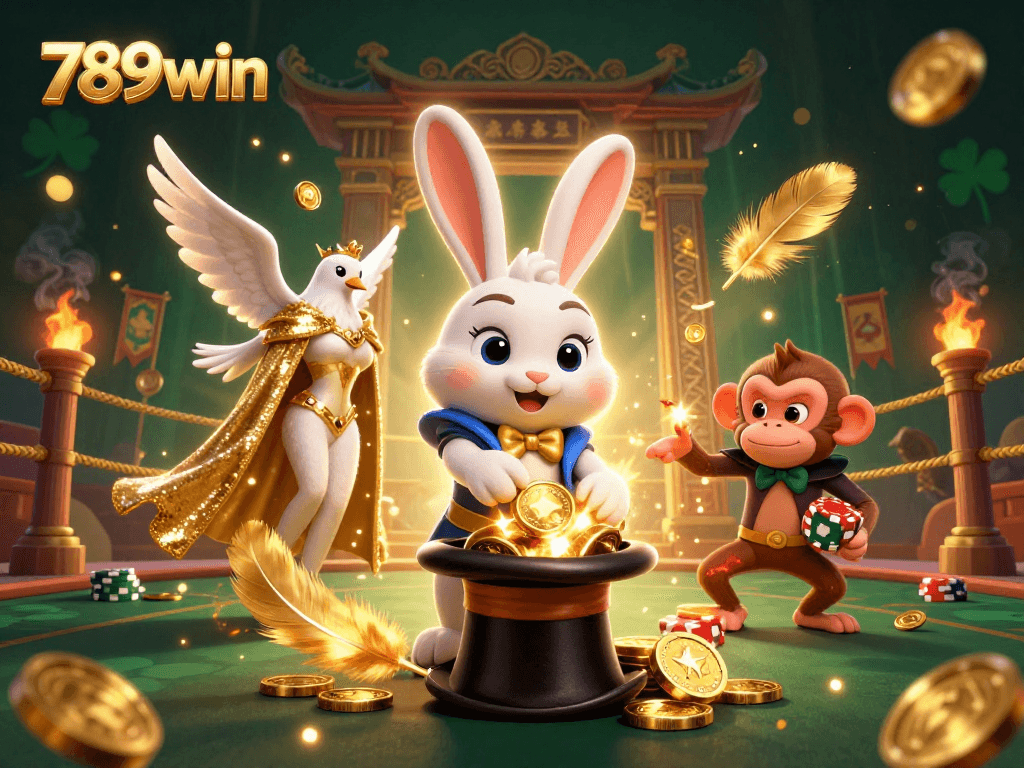 Experience thrilling moments at 789win with a magician rabbit and poker chips in a vibrant casino scene.