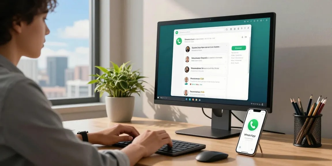 Engaging workspace with professional using WhatsApp網頁版 on large monitor, emphasizing seamless communication.