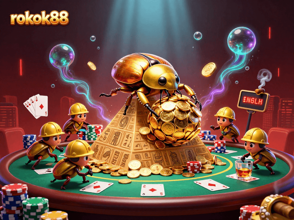 Experience thrilling gameplay with rokok88, depicted through a golden beetle pushing shiny coins in a vivid casino scene.