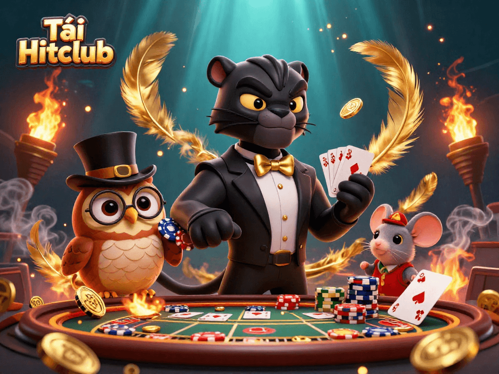Tải Hitclub brings exciting casino fun with a stylish panther dealer, owl chip holder, and lucky mouse in a detailed 3D scene.