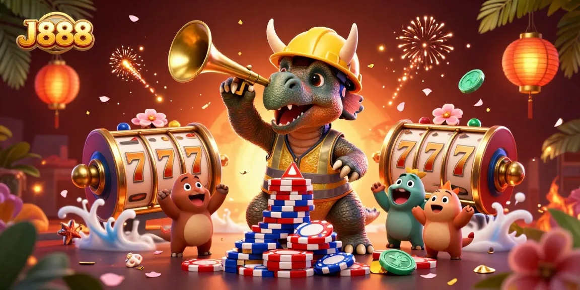 Celebrate your wins with J888 at an exciting online casino featuring vibrant characters and energy.
