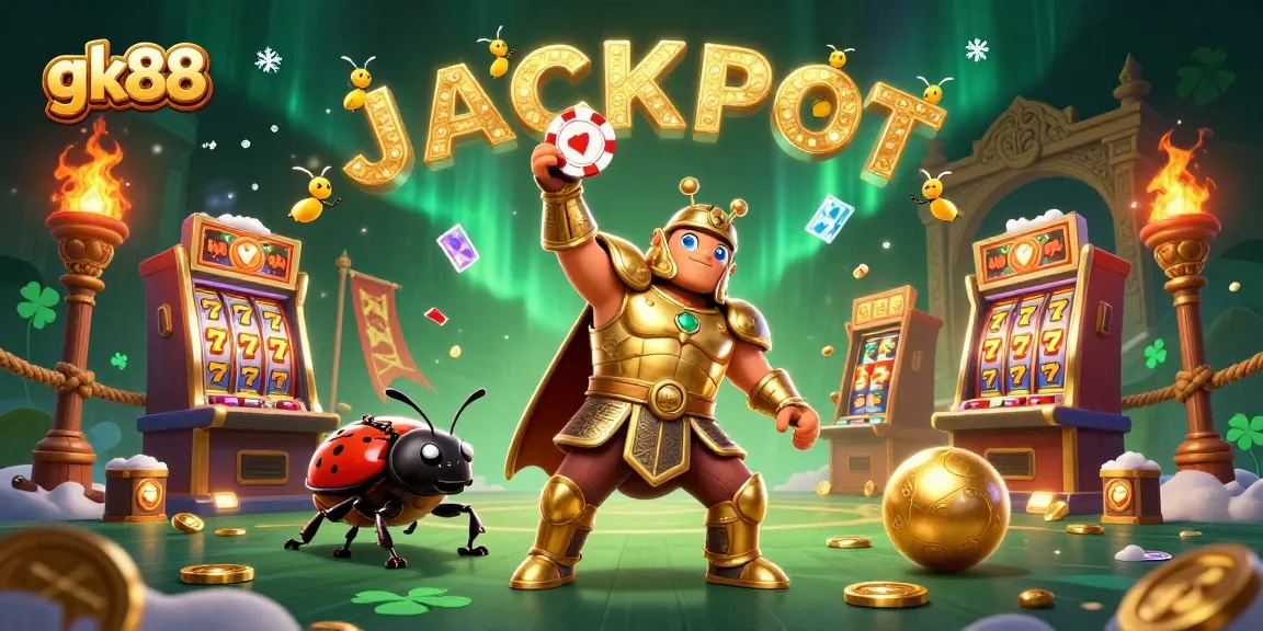 Experience the excitement of gk88 with cartoon beetles amid jackpots and casino elements.