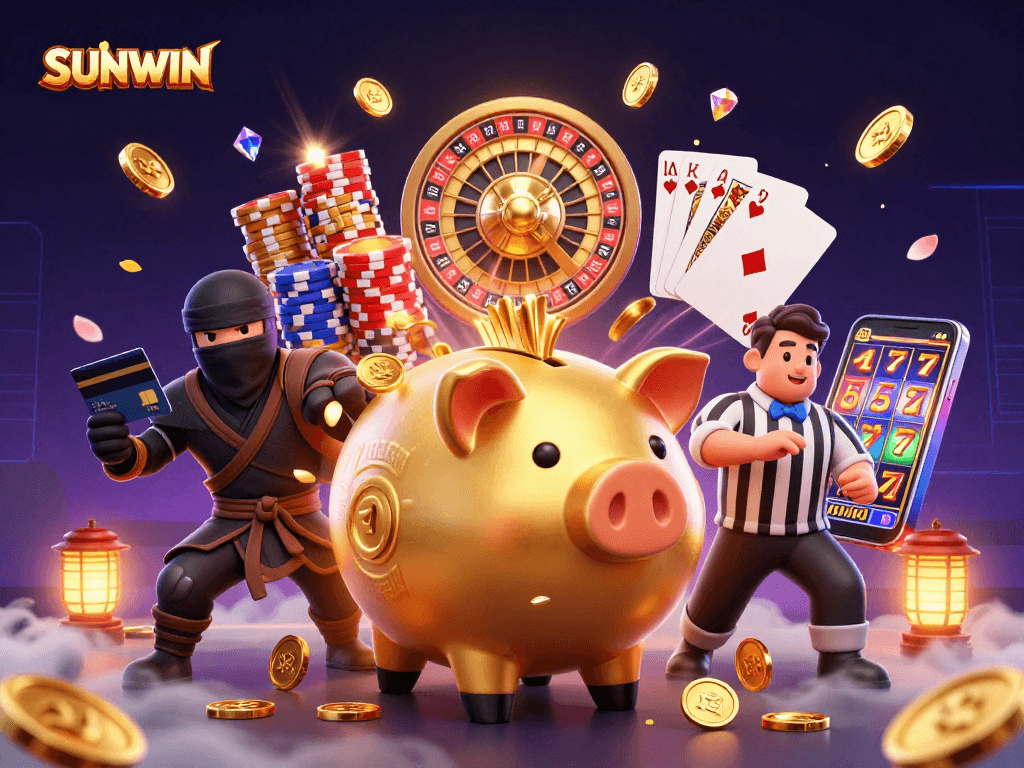 SUNWIN offers exciting gameplay with a lively 3D scene showcasing casino characters and vibrant game elements.