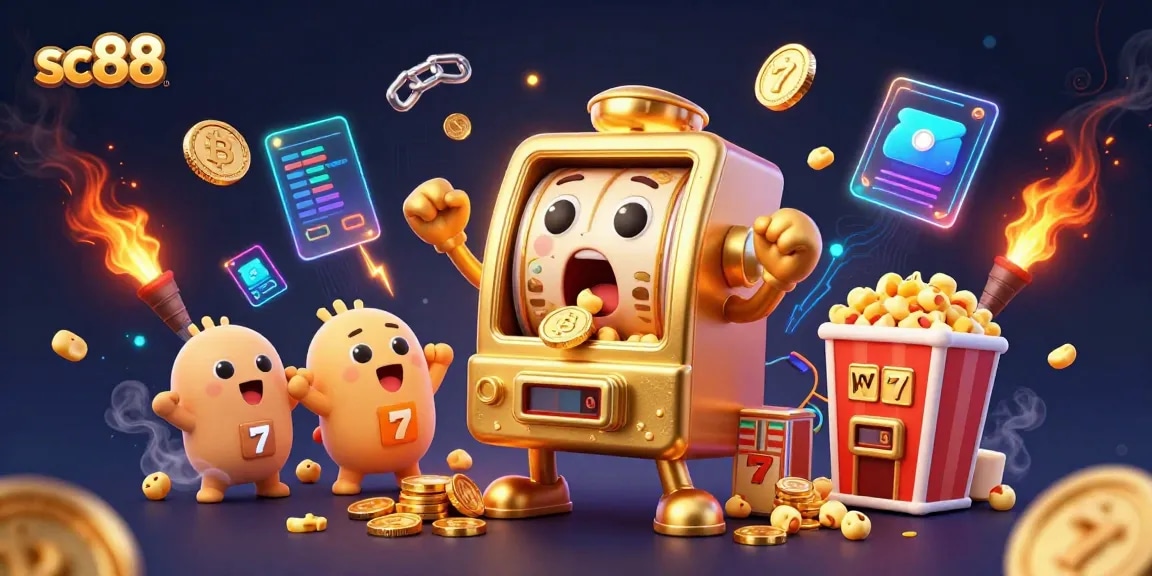 Spin the sc88 slot machine and watch coins pour out in this vibrant casino-themed illustration.