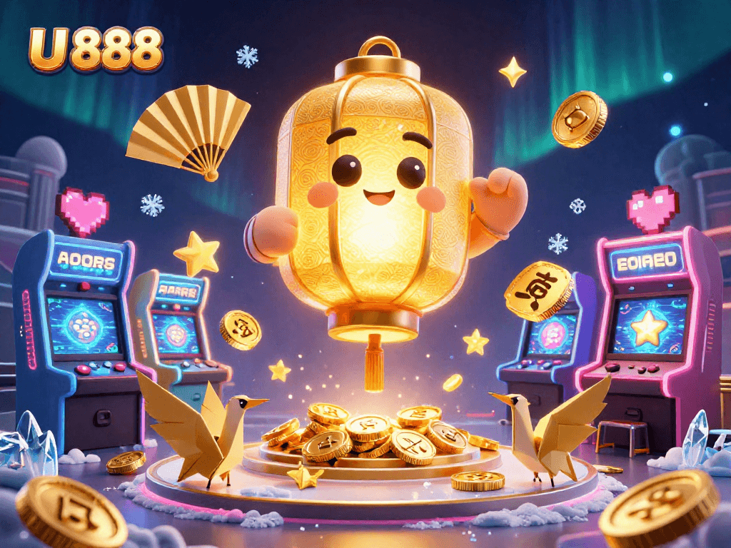 Engage in thrilling sports betting at U 888 with vibrant characters and arcade elements in a magical casino atmosphere.
