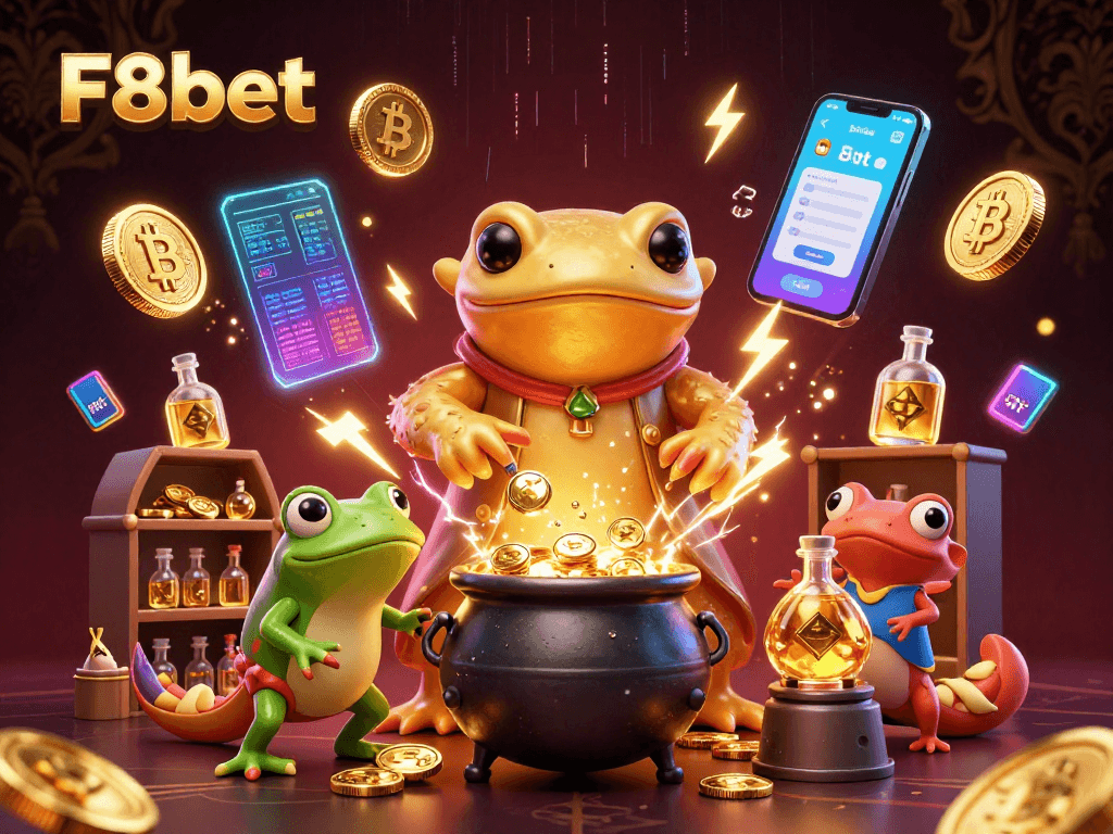 Experience F8bet with a vibrant scene of alchemical transformation in a magical casino setting, revealing gold coins and digital wallets.