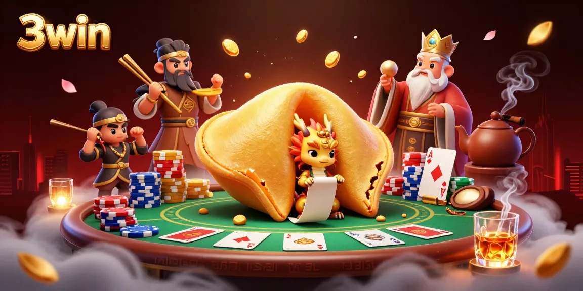 Experience thrilling poker action at 3win with a dynamic illustration featuring a golden fortune cookie and captivating casino elements.