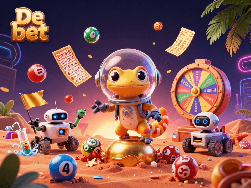 Experience De bet's exciting casino adventure with a 3D gecko discovering treasures in space.