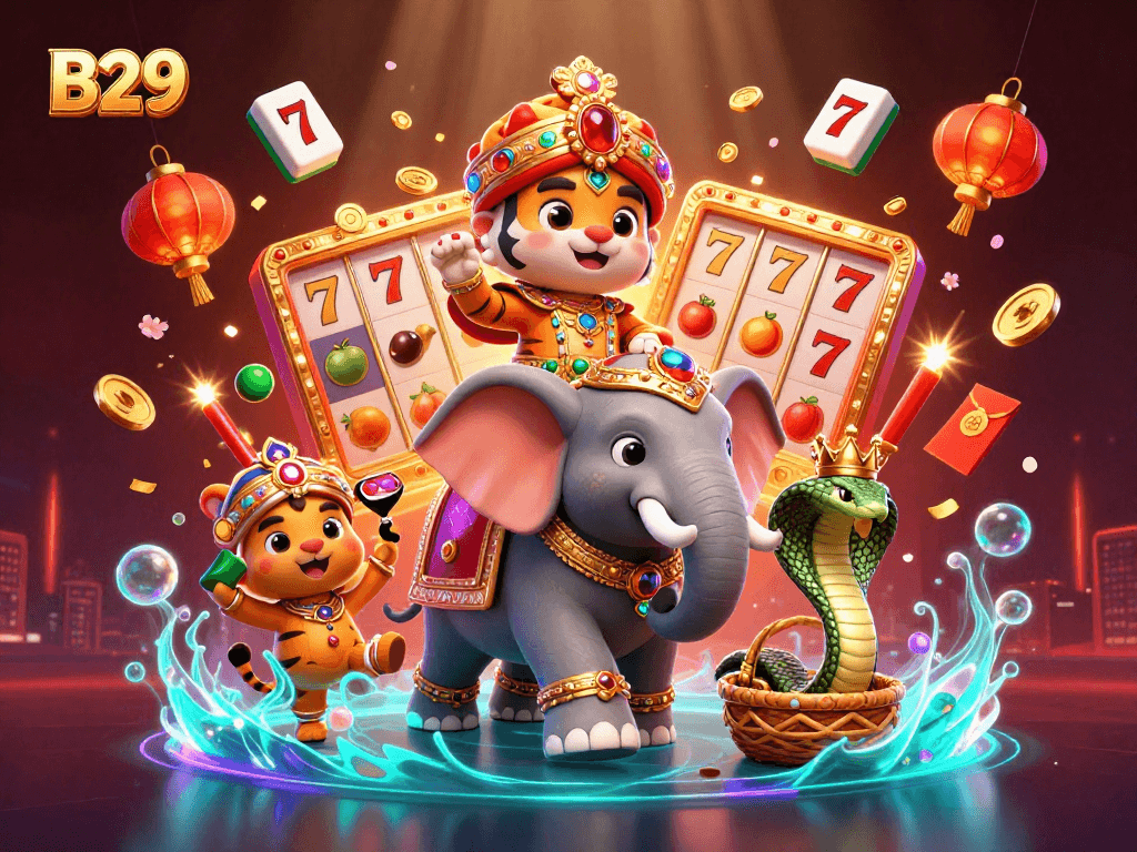B29 casino showcases a vibrant scene with a maharaja tiger, jewel elephant, and cobra amidst floating slot reels and festive decorations.