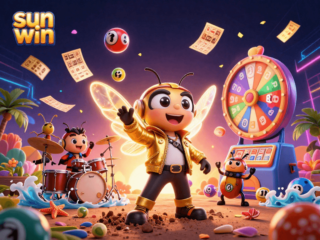 Experience thrilling sunshine with sun win as colorful lottery balls fly around vibrant characters.