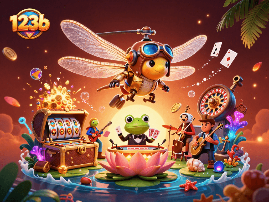 Experience winning strategies with 123b's vibrant casino illustration featuring engaging characters and dynamic games.