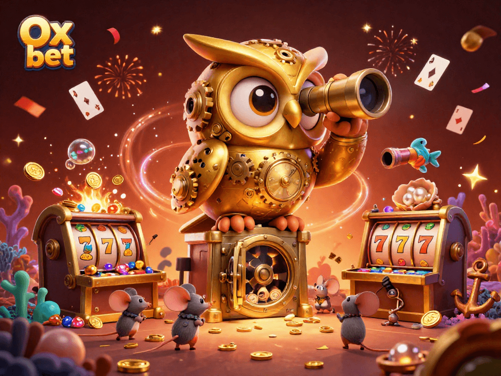 Experience thrilling gaming action with Ox bet's vibrant casino illustration showcasing dynamic slot machines and gold treasures.