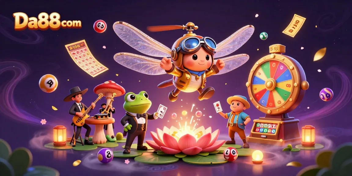 Engage with thrilling gaming at Da88 com, featuring a vibrant casino scene with a frog dealer and dynamic lottery elements.