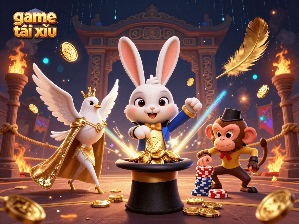 Experience game tài xỉu excitement with a magician rabbit and dice on a vibrant gaming scene.