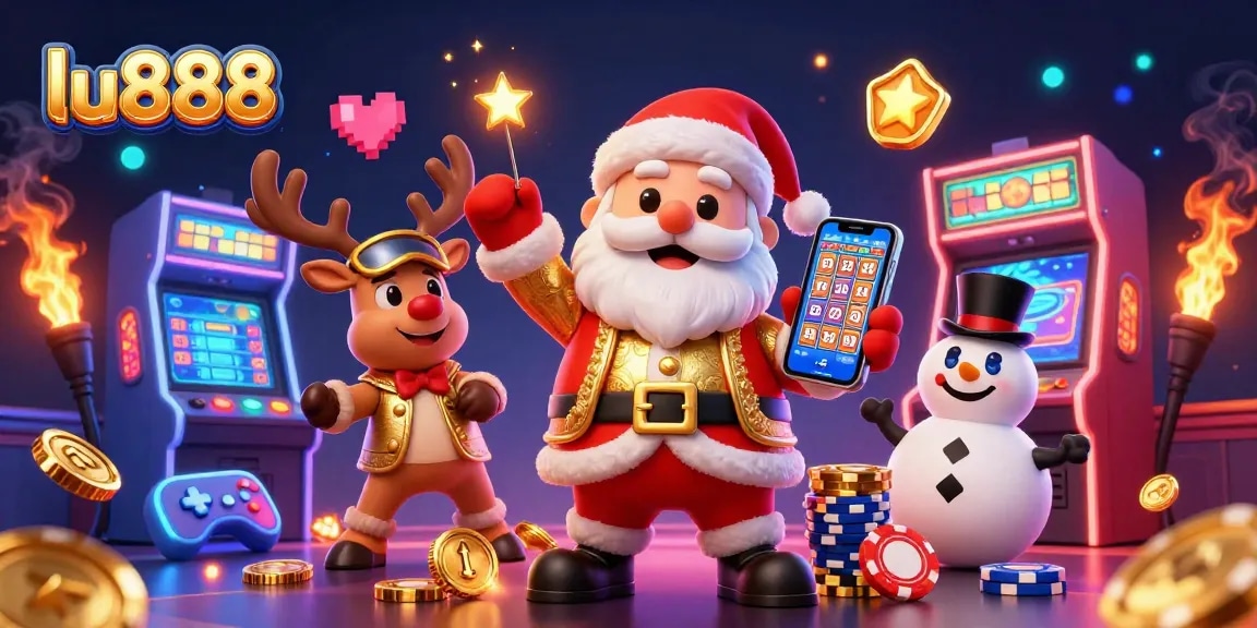 Spin and win at lu888 with Santa and friends celebrating jackpots in a vibrant casino world.