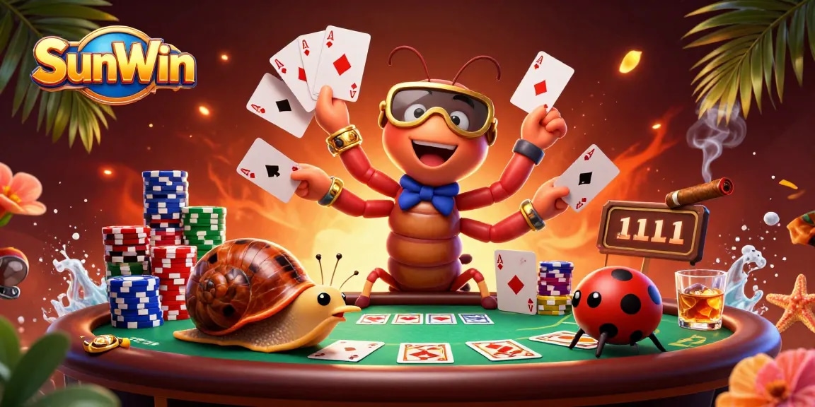 Win big at SunWin with an exciting scene featuring creative casino characters and vibrant game elements.