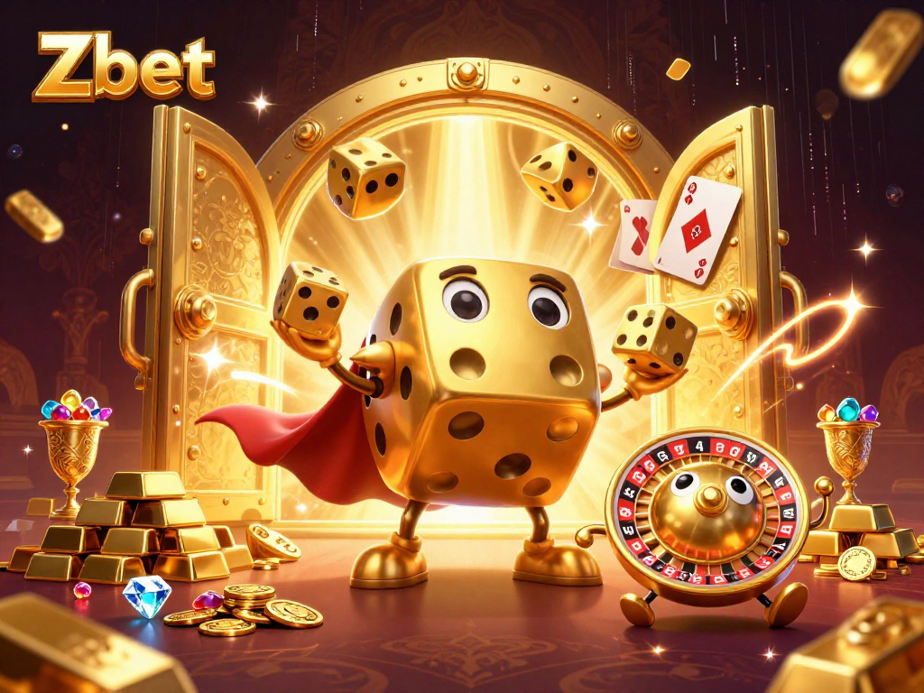 Zbet's animated golden dice golem juggles while surrounded by treasure, enhancing casino excitement.