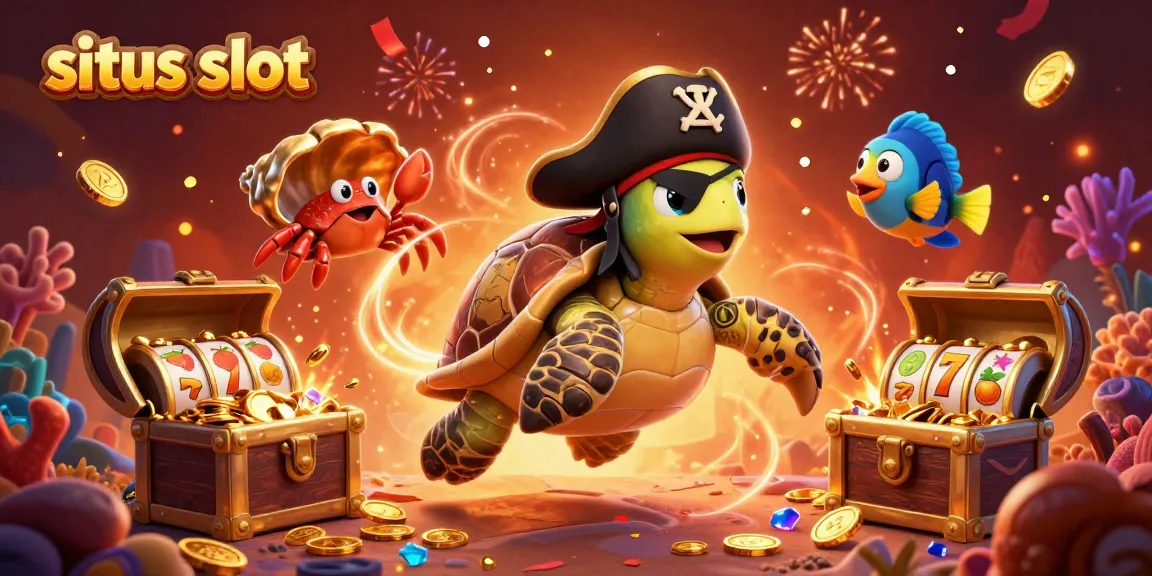 Engage in the excitement of situs slot with a vibrant 3D scene featuring a pirate turtle and treasures in a casino-inspired underwater world.