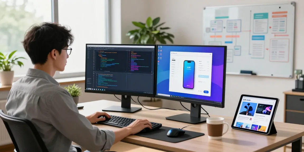 快连 app on smartphone amidst a modern tech workspace with a developer coding on dual monitors.