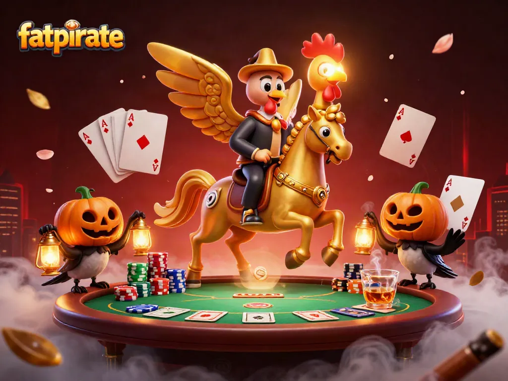 Experience thrilling gameplay at FatPirate Casino with a vibrant casino fantasy scene featuring a golden rooster and poker elements.