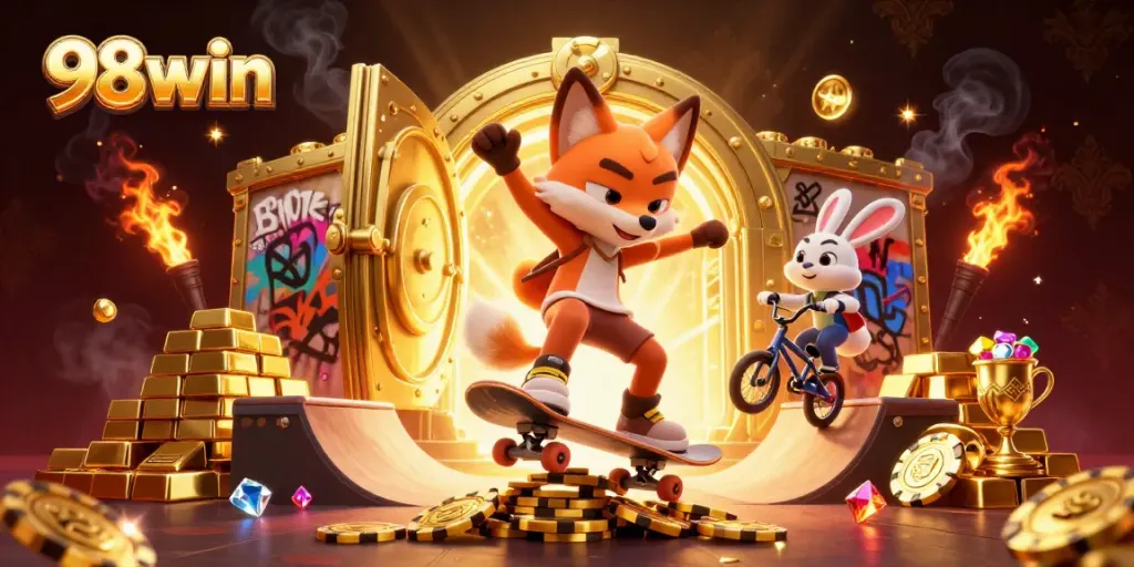 Experience thrilling wins with 98win, showcasing a colorful, action-packed casino scene filled with prizes.
