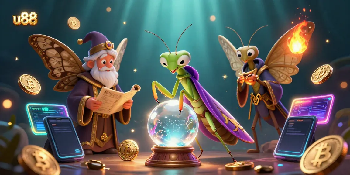 Engage with u88's vibrant casino experience featuring whimsical characters amidst glowing crypto symbols and mystical elements.