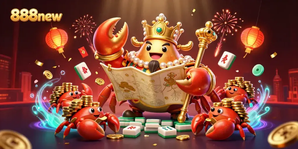 Engage in thrilling gameplay with 888new, featuring a golden crab emperor and festive casino elements.